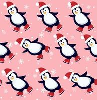 Penguins seamless pattern. Cute baby penguins in winter clothing and hats, christmas arctic animal, kids textile or wallpaper vector texture.
