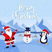 Vector cartoon illustration of cute Santa Claus. snowman and penguin christmas greeting card vector illustration design