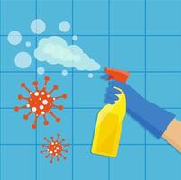 A gloved hand holds a bottle of antiseptic spray. Cleaning service. Disinfection of the coronavirus. Vector illustration in flat style