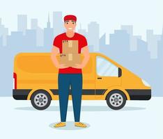 Delivery Concept. Fast delivery van. Delivery man sending in the city. vector