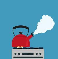 A boiling kettle on a gas stove. Vector illustration in flat style