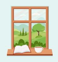 Spring window with landscape with a book and a coffee cup on the sill. Vector illustration in flat style