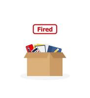 Fired. Business chair with box with office things. Unemployment, crisis, job cuts reduction. Loss of vacancy. vector