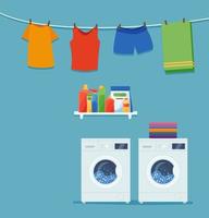 Laundry room interior with washing machine, clothes and cleaning products. vector