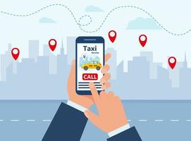 Taxi mobile app template. Smartphone with city yellow car. Online mobile application order taxi service. Vector illustration for taxi service