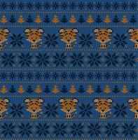Knitted Christmas and New Year pattern in Tiger. Wool Knitting Sweater Design. Wallpaper wrapping paper textile print. vector