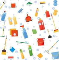 Assorted cleaning items set with brooms, bucket, mops, spray, brushes, sponges. Seamless pattern vector