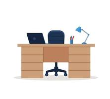 Office desk or table with office chair and computer. Business interior design elements. Vector illustration.