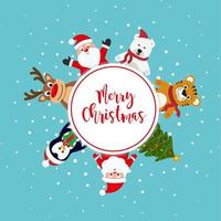 vector de fondo festivo de navidad. bonita postal. muñeco de nieve, santa claus, árbol, venado, oso, tigre eps 10