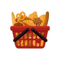 Plastic red basket supermarket with bread, roll, croissant and storage container. Vector grocery basket realistic illustration isolated on white background.