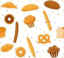 Bakery products buns and bread seamless pattern vector. vector