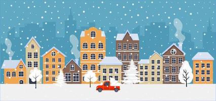 Christmas card with cityscape, snowfall car and Christmas trees. Christmas town. winter Christmas village. EPS 10 vector