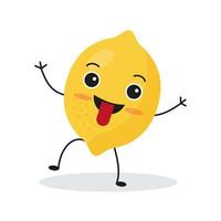 Cute happy lemon character. Funny fruit emoticon in flat style. vector