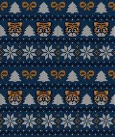 Knitted Christmas and New Year pattern in Tiger. Wool Knitting Sweater Design. Wallpaper wrapping paper textile print. vector