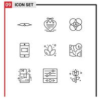 Pictogram Set of 9 Simple Outlines of lotus video love letter mobile model Editable Vector Design Elements