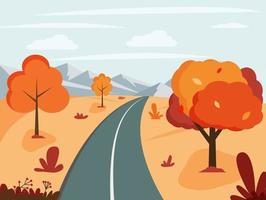 Autumn landscape with a road to the mountains. Vector illustration in flat style