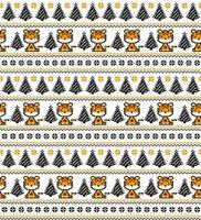 Knitted Christmas and New Year pattern in Tiger. Wool Knitting Sweater Design. Wallpaper wrapping paper textile print. vector