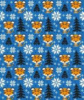Knitted Christmas and New Year pattern in Tiger. Wool Knitting Sweater Design. Wallpaper wrapping paper textile print. Eps 10 vector