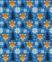 Knitted Christmas and New Year pattern in Tiger. Wool Knitting Sweater Design. Wallpaper wrapping paper textile print. Eps 10 vector