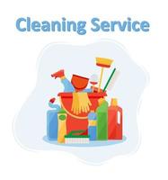 Assorted cleaning items set with brooms, bucket, mops, spray, brushes, sponges. Cleaning accessories flat style. vector