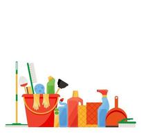 artículos de limpieza variados con escobas, baldes, fregonas, spray, cepillos, esponjas. accesorios de limpieza estilo plano. vector