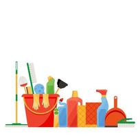 Assorted cleaning items set with brooms, bucket, mops, spray, brushes, sponges. Cleaning accessories flat style. vector