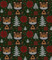 Knitted Christmas and New Year pattern in Tiger. Wool Knitting Sweater Design. Wallpaper wrapping paper textile print. vector