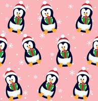 Penguins seamless pattern. Cute baby penguins in winter clothing and hats, christmas arctic animal, kids textile or wallpaper vector texture.