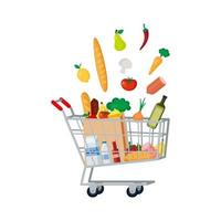 Supermarket grocery cart full of different fresh groceries. Vector flat illustration.