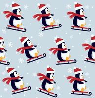 Penguins seamless pattern. Cute baby penguins in winter clothing and hats, christmas arctic animal, kids textile or wallpaper vector texture.