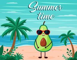 divertido fondo de playa de verano con carácter de fruta de aguacate. estilo de dibujos animados postal de horario de verano vector