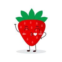 Cute happy strawberry character. Funny fruit emoticon in flat style. vector