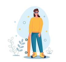 The girl is standing with a skateboard. vector illustration