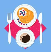 Breakfast pancakes on a plate, with a fork and knife and a cup of coffee on a napkin. Vector illustration in flat style