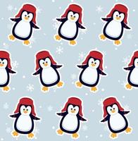 Penguins seamless pattern. Cute baby penguins in winter clothing and hats, christmas arctic animal, kids textile or wallpaper vector texture.