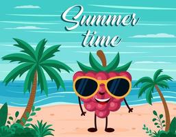 divertido fondo de playa de verano con carácter de fruta de frambuesa. estilo de dibujos animados postal de horario de verano vector