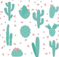 Seamless pattern with cactus and succulents, vector illustration in vintage style on white background.