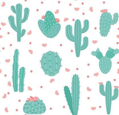 Seamless pattern with cactus and succulents, vector illustration in vintage style on white background.