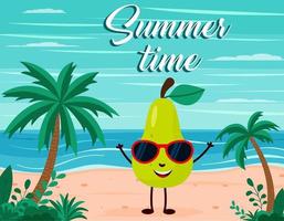 divertido fondo de playa de verano con carácter de fruta de pera. estilo de dibujos animados postal de horario de verano vector