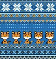 Knitted Christmas and New Year pattern in Tiger. Wool Knitting Sweater Design. Wallpaper wrapping paper textile print. vector