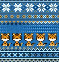 Knitted Christmas and New Year pattern in Tiger. Wool Knitting Sweater Design. Wallpaper wrapping paper textile print. vector