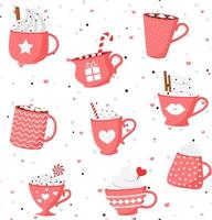 Valentine romantic seamless pattern with Collection of hot drinks with cute cups, mugs, hearts, coffee, cocoa. vector