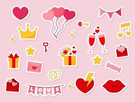 Sticker valentine s day element. Gift, heart, balloon, kiss, key, rose, candy and others for decorative. Vector illustration cartoon style.