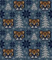 Knitted Christmas and New Year pattern in Tiger. Wool Knitting Sweater Design. Wallpaper wrapping paper textile print. vector