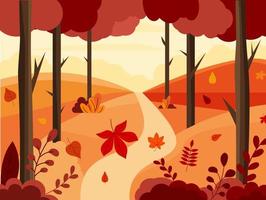 Autumn landscape path in the forest. Vector illustration in flat style