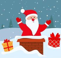 Vector cartoon illustration of cute Santa Claus on the chimney. Christmas greeting card vector illustration design