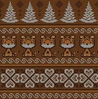 Knitted Christmas and New Year pattern in Tiger. Wool Knitting Sweater Design. Wallpaper wrapping paper textile print. vector
