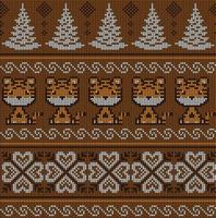 Knitted Christmas and New Year pattern in Tiger. Wool Knitting Sweater Design. Wallpaper wrapping paper textile print. vector