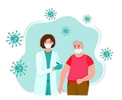 The grandfather is being vaccinated against the coronavirus. Coronavirus vaccine. Doctor with a syringe. Vector illustration.