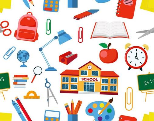 Funny seamless pattern with school supplies and creative elements. Back to school background.